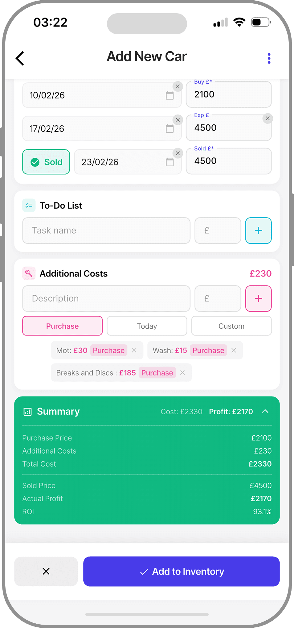 Car summary with calculated ROI