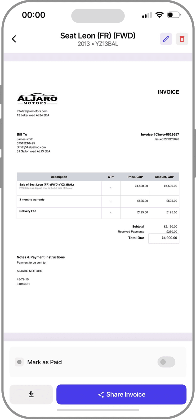 Cinvo branded invoice preview ready to share
