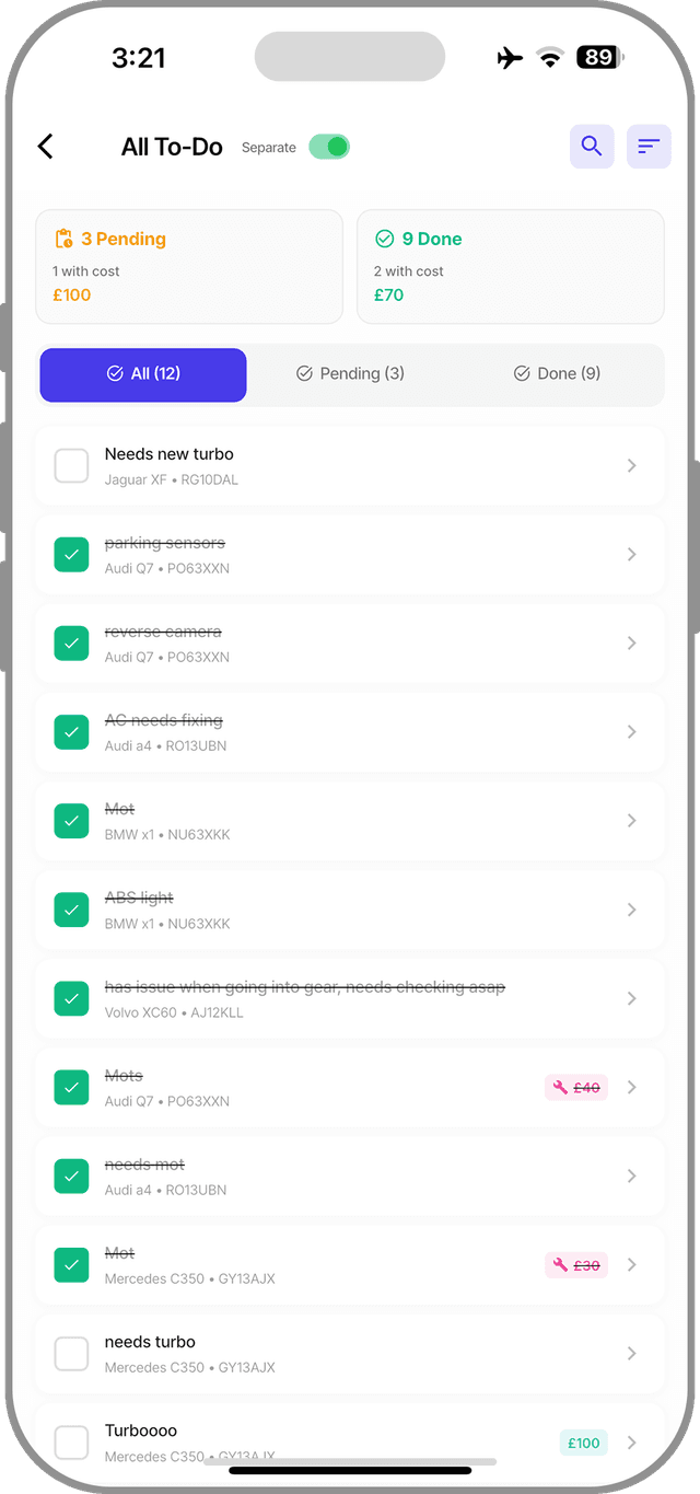 Cinvo to-do list across all vehicles